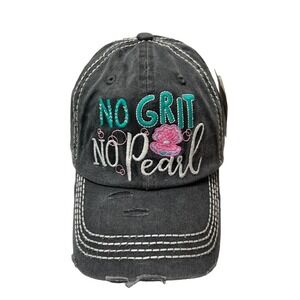 NO GRIT NO PEARL Embroidered Distressed Baseball Cap Vintage Style Grey Gray Hat